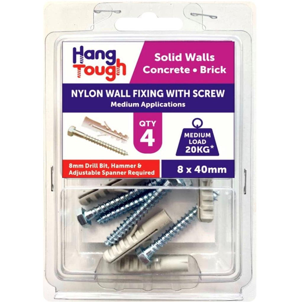 Hang Tough Nylon Plug Anchor Anchor with Hex Screw | Capacity 20kg | 8 x 40mm | Pack of 4