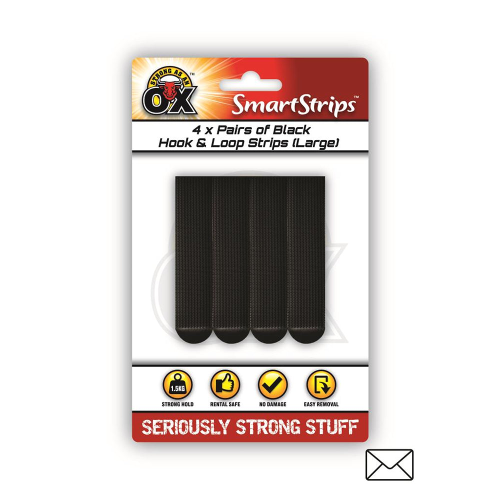 Strong as an Ox Removable Black Velcro Hook &amp; Loop Strips | Pack of 4