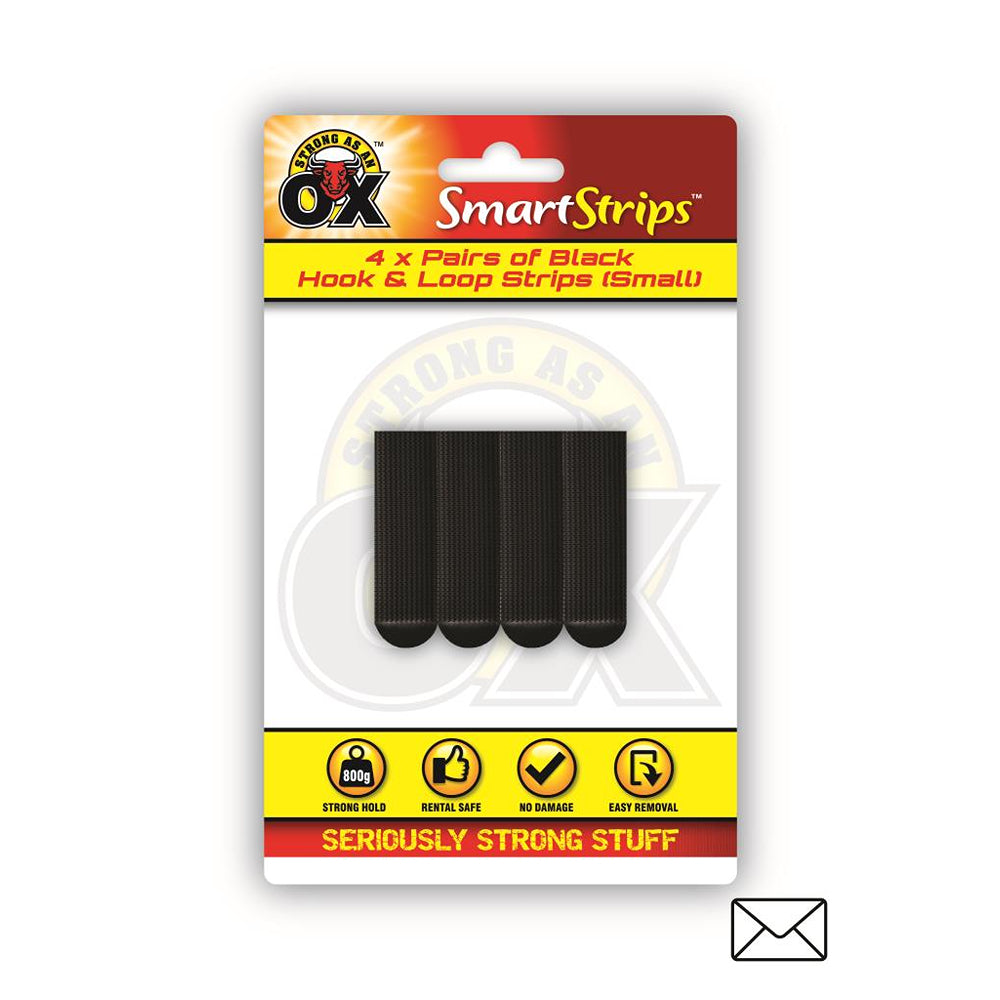 Strong as an Ox Removable Black Velcro Hook &amp; Loop Strips | Pack of 4