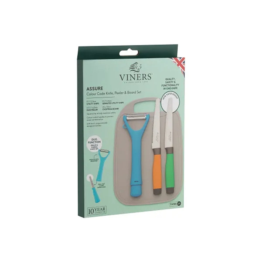Viners Assure Colour Code Knife, Peeler & Board Set
