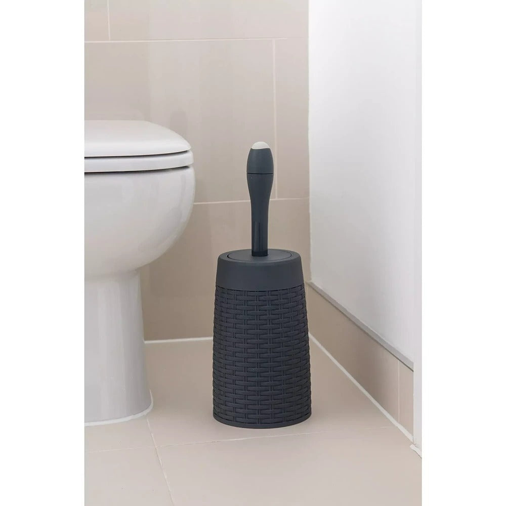 Addis Charcoal Toilet Brush and Rattan Effect Holder | Dark Grey