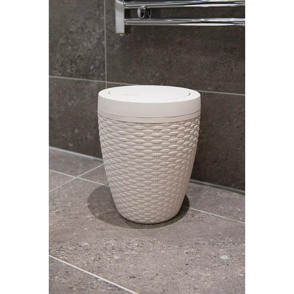 Addis Calico Rattan-Effect Swing-Top Bath Bin | Cream, Compact Round