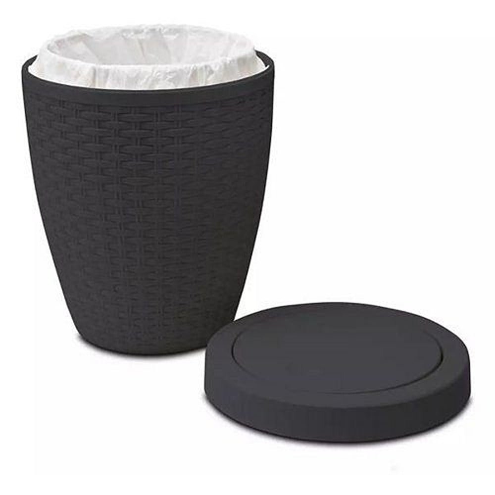 Addis Charcoal Rattan-Effect Bath Bin | Covered Lid, Compact Round