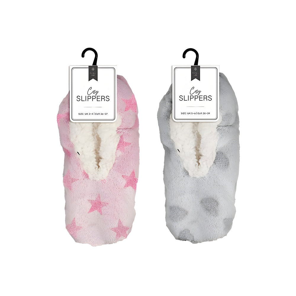 Ladies Cosy Slippers - Pink & Grey - Size 4-8