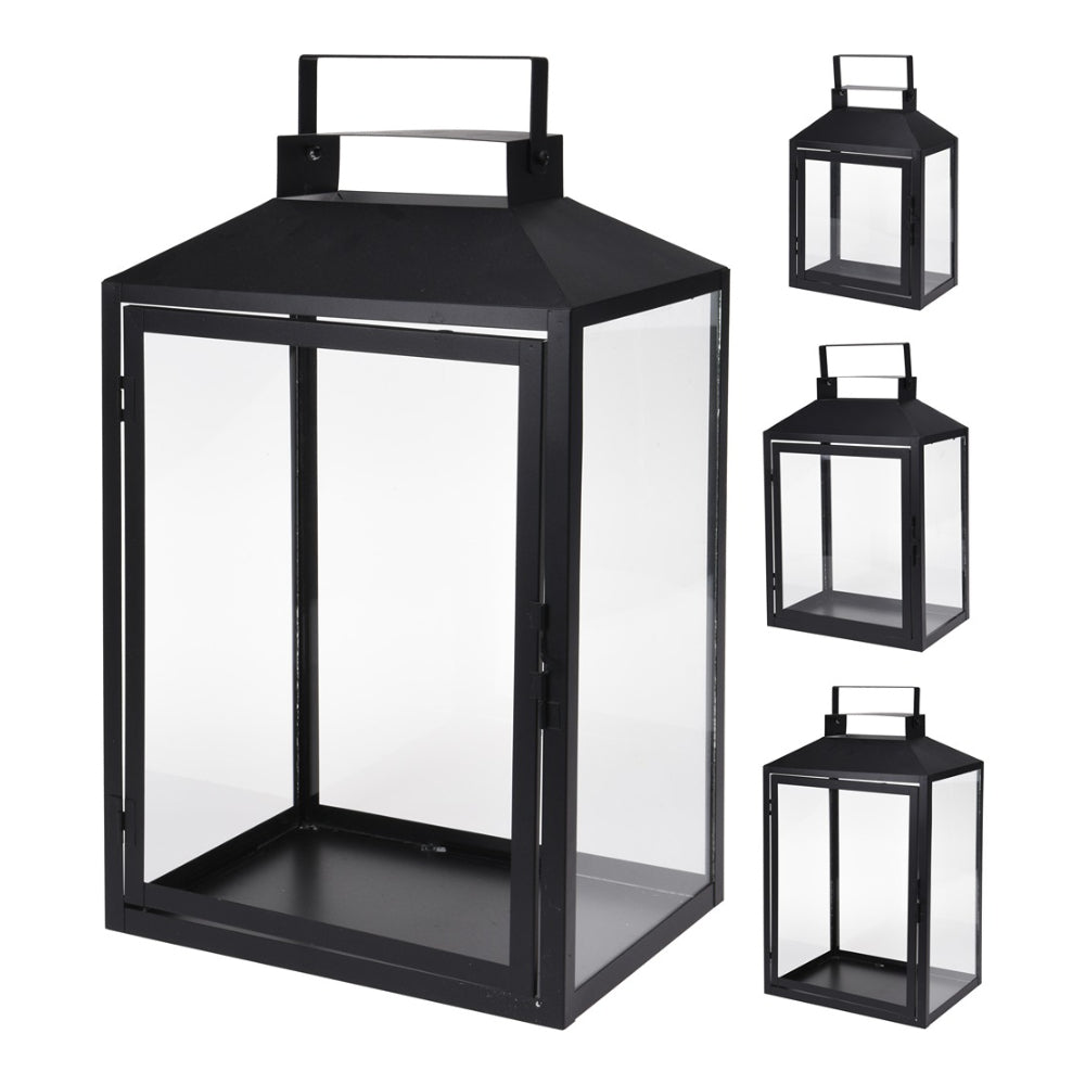 Black Metal Decorative Lantern Set of 3 | Glass Panels, Carry Handle