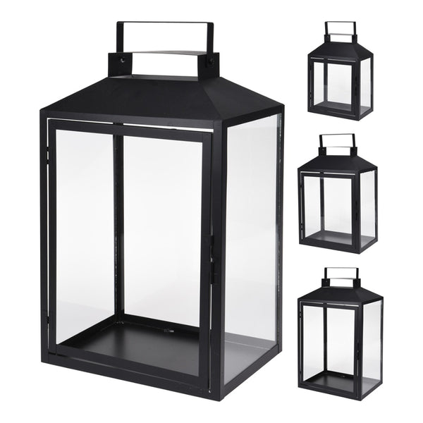 Black Metal Decorative Lantern Set of 3 | Glass Panels, Carry Handle