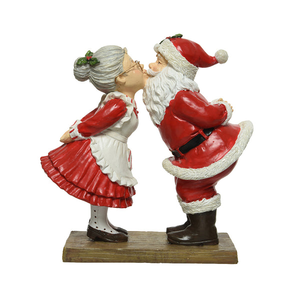 Christmas Mr & Mrs Claus Kissing Figurine | 20cm, Painted Finish, Wood-Look Base