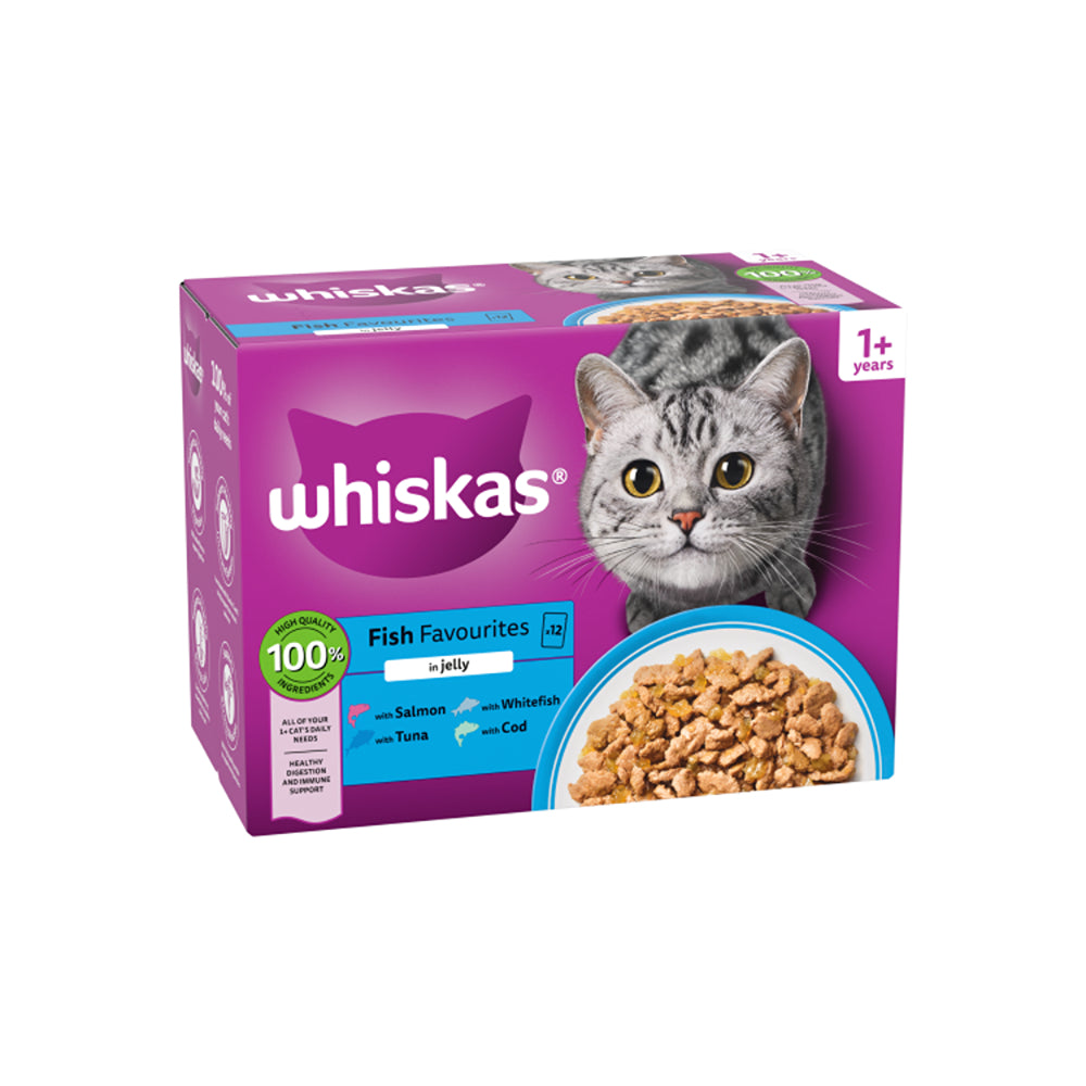 Whiskas 1+ Fish Favourites in Jelly Cat Food Pouches | Pack of 12, 1020g