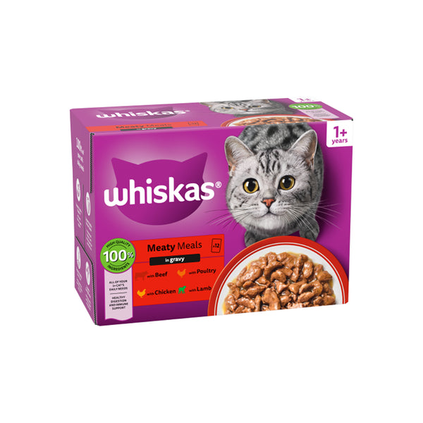 Whiskas 1+ Meaty Meals in Gravy Wet Cat Food | Pack of 12, 1020g