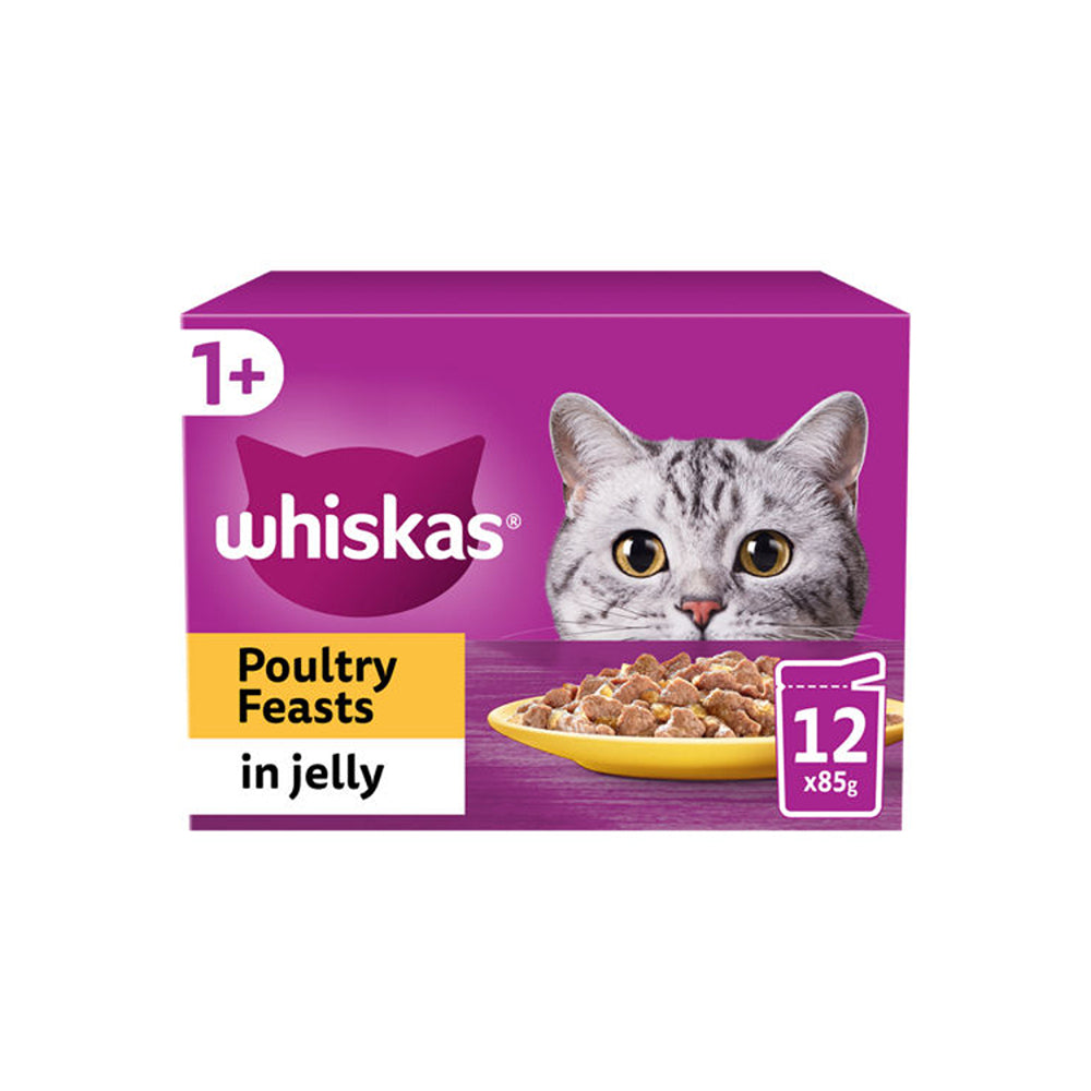 Whiskas 1+ Poultry Feasts in Jelly Wet Cat Food | Pack of 12, 1020g
