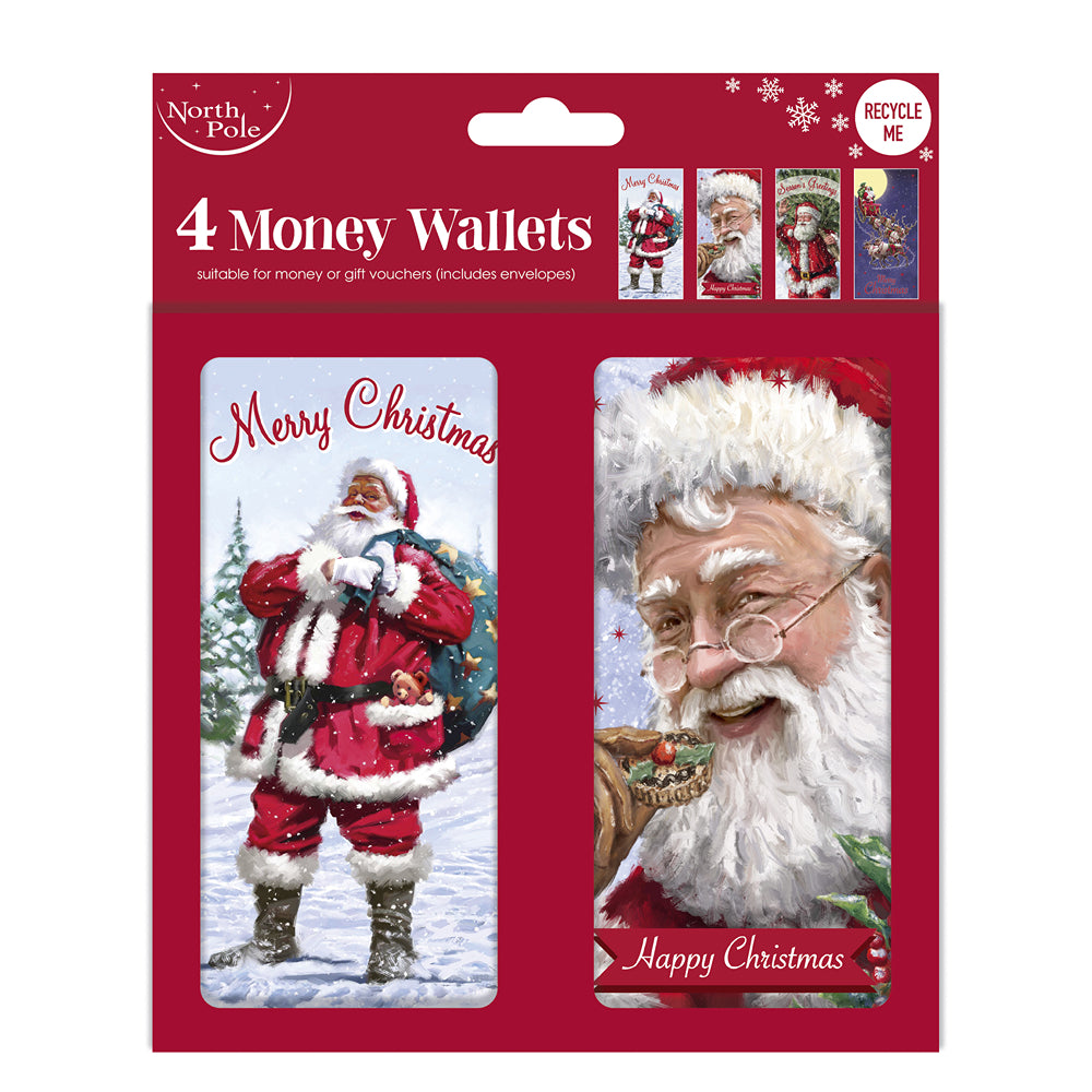 christmas watercolour traditional santa money wallets - pack of 4