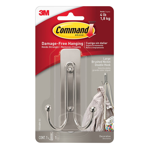 Command Large Brushed Nickel Double Hook | Holds Up to 2kg