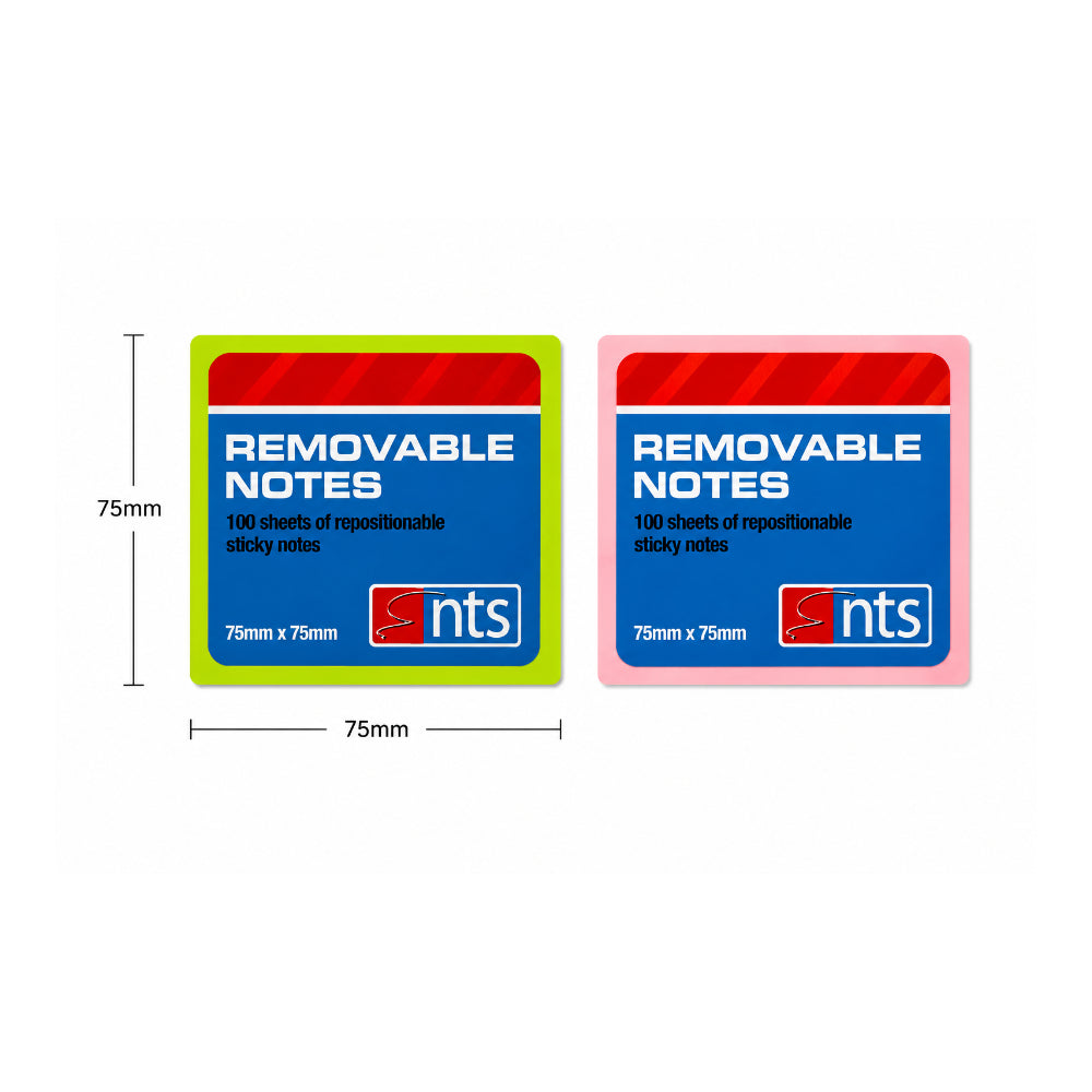 Neon Removable Sticky Notes | 75 x 75mm, 100 Sheets, Assorted Colours