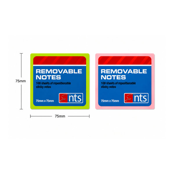 Neon Removable Sticky Notes | 75 x 75mm, 100 Sheets, Assorted Colours