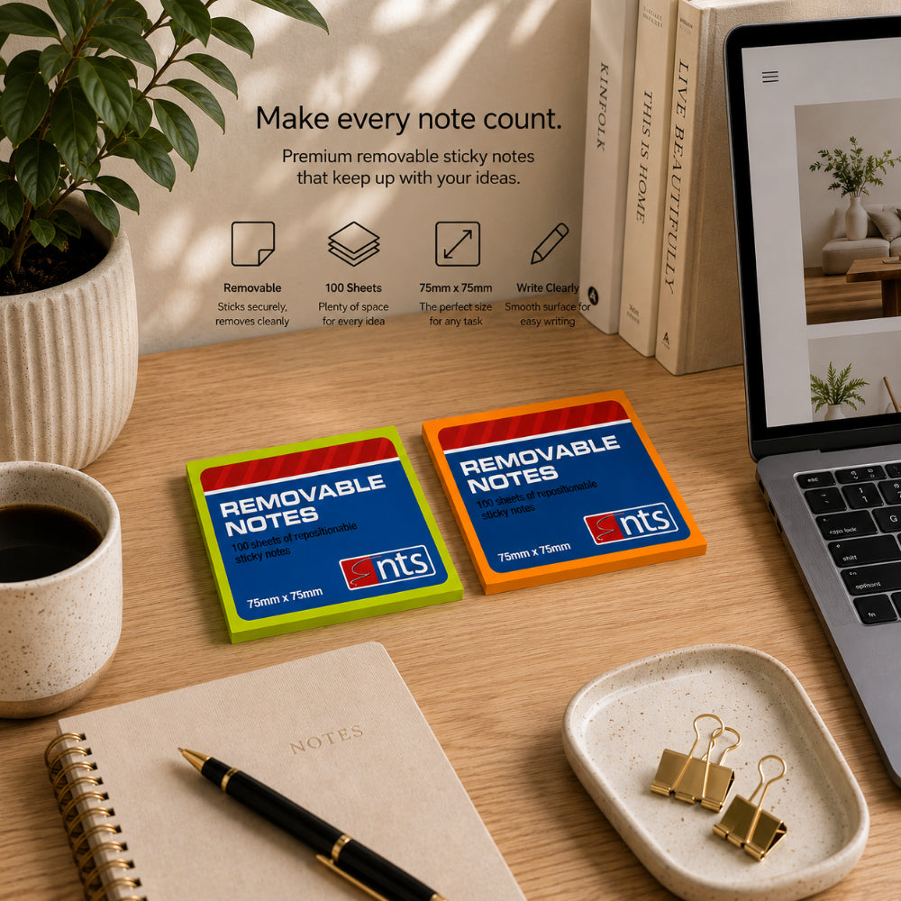 Neon Removable Sticky Notes | 75 x 75mm, 100 Sheets, Assorted Colours