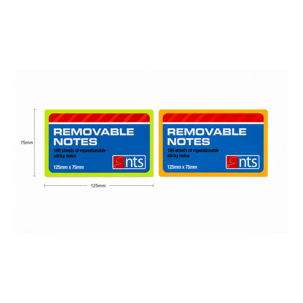 Removable Neon Sticky Notes | 125 x 75mm, 100 Sheets, Assorted Colours