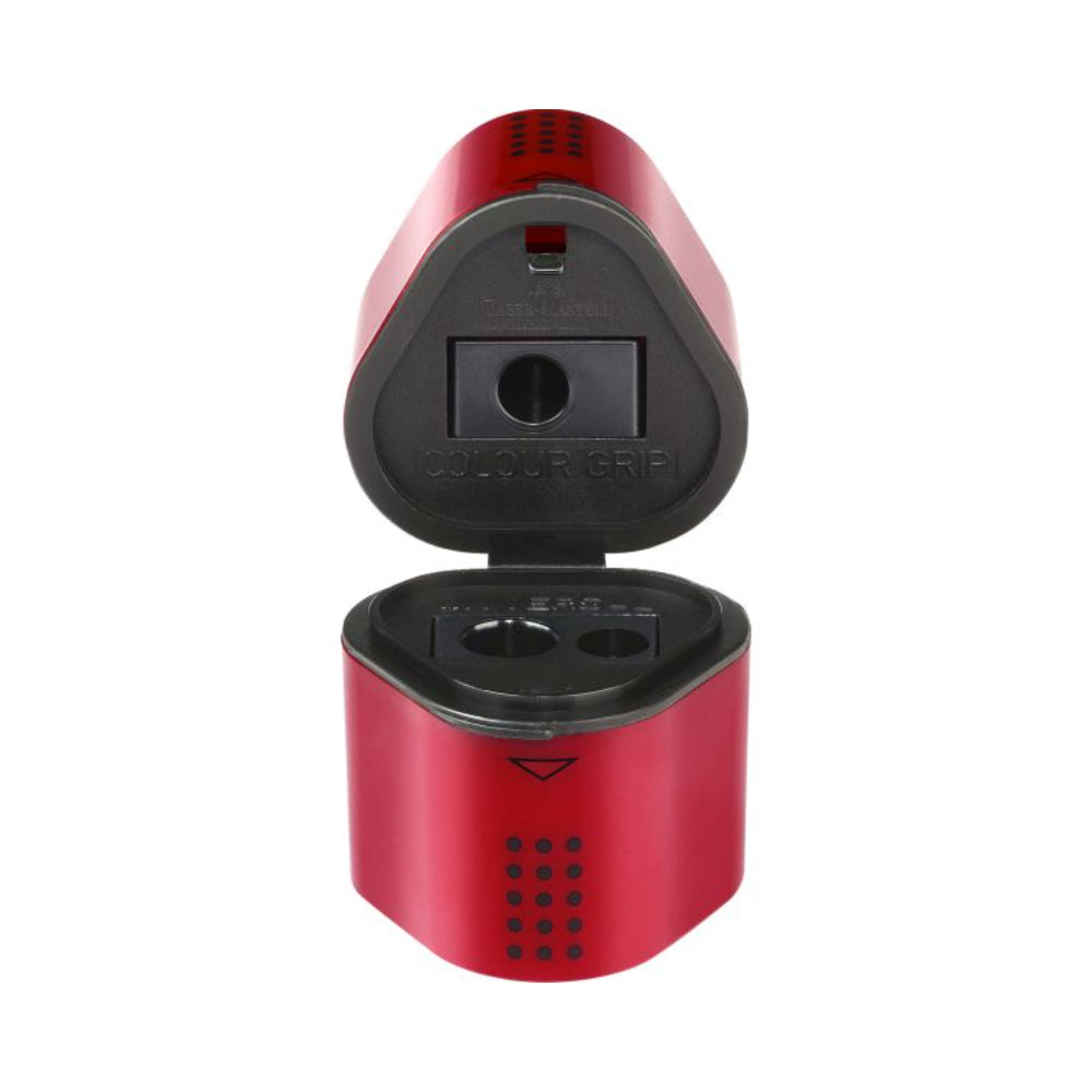 Faber Trio Pencil Sharpener | Dual Hole, Shavings Container, Red/Blue