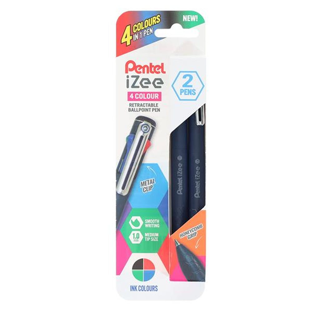 Pentel Izee 4 Colour Retractable Ballpoint Pen with Metal Clip &amp; Honeycomb Grip | 1.0mm | Pack of 2