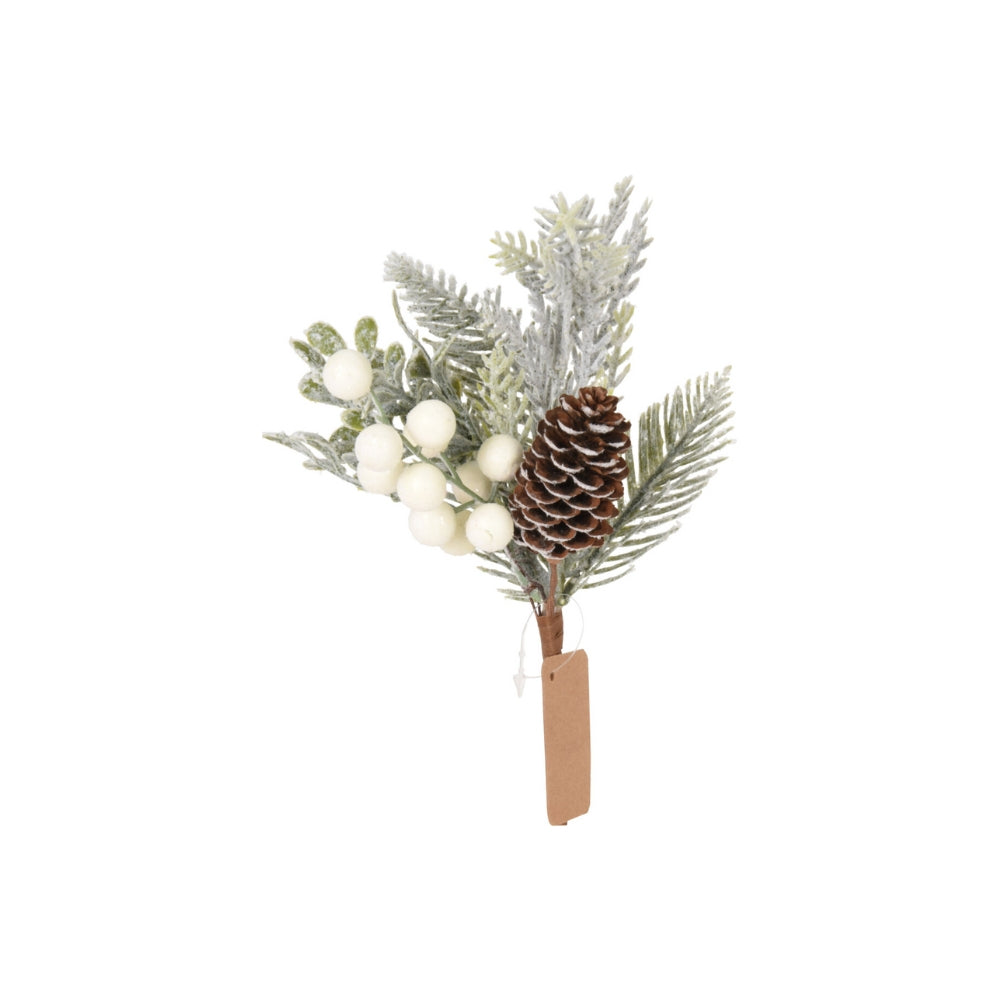 christmas ornamental branch with white berries and pinecones - 6cm