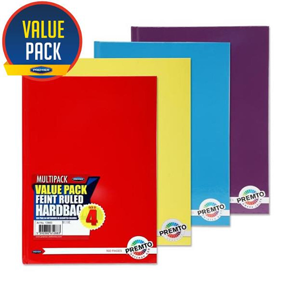 Premto A4 Feint Ruled Hardcover Notebooks | Pack of 4 | Assorted Bright Colours