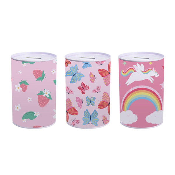 Girls Cylindrical Money Tin Bank | Assorted Designs and Colours