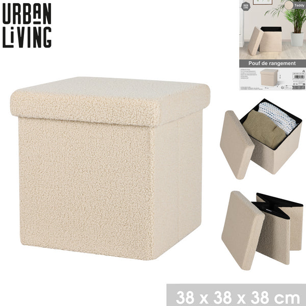 Urban Living Foldable Storage Ottoman | Beige Teddy Fabric | 38 x 38 x 38cm