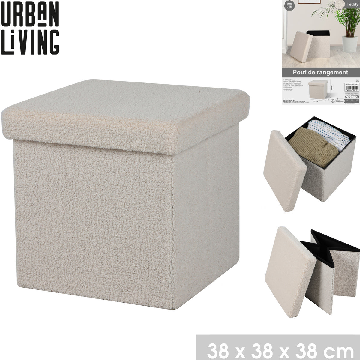 Urban Living Foldable Storage Ottoman | Cream Teddy-Like Fabric | 38 x 38 x 38cm