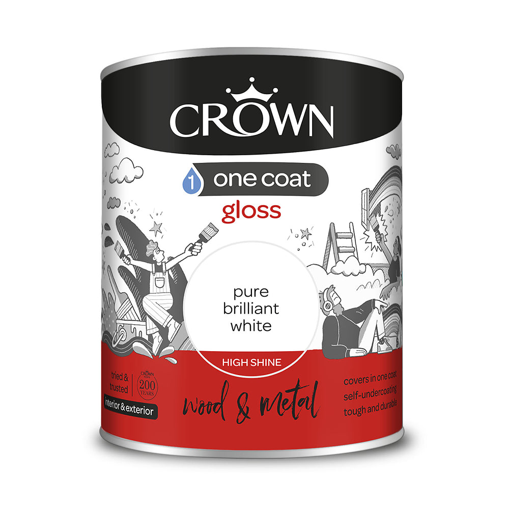 Crown Paint One Coat Gloss Pure Brilliant White Paint | 750ml, Wood and Metal