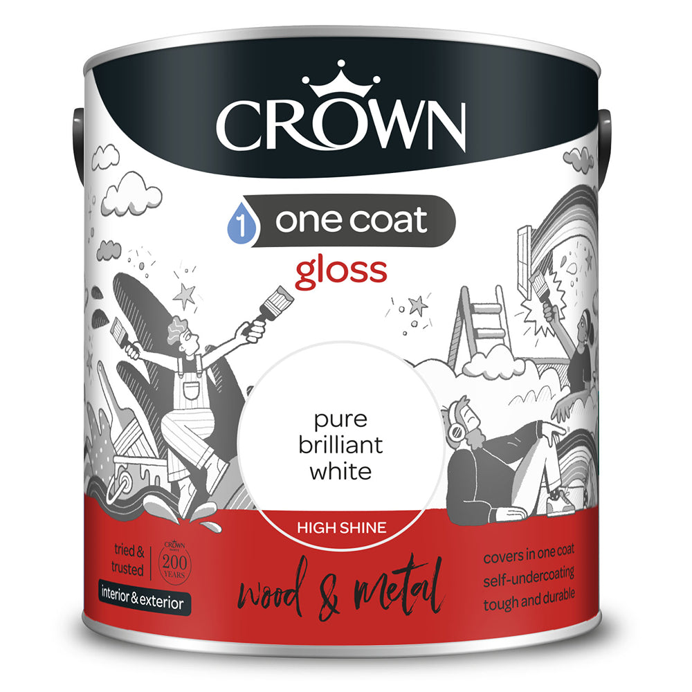 Crown Paint One Coat Brilliant White Gloss Paint | 2.5L, Wood & Metal