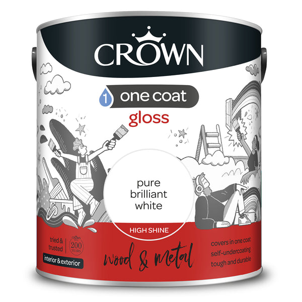 Crown Paint One Coat Brilliant White Gloss Paint | 2.5L, Wood & Metal