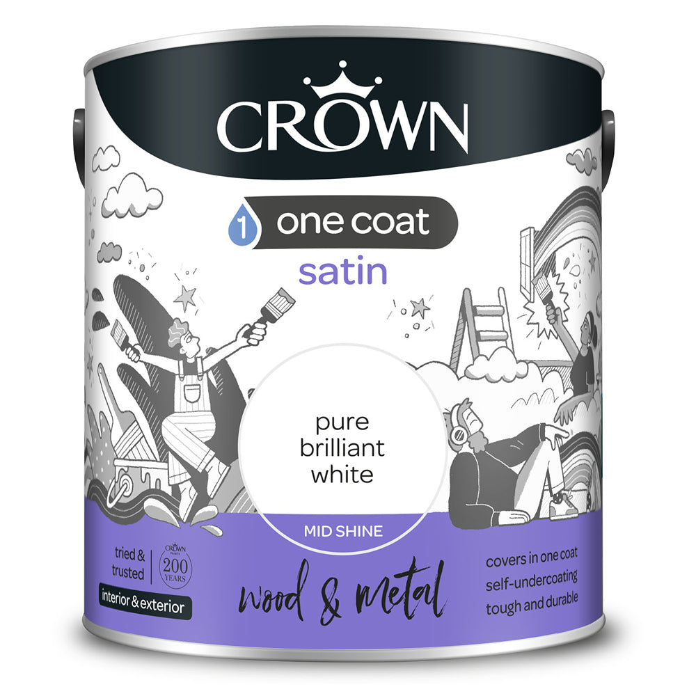 Crown Paint One Coat Satin Pure Brilliant White Paint | 2.5L, Wood and Metal
