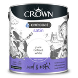 Crown Paint One Coat Satin Pure Brilliant White Paint | 2.5L, Wood and Metal
