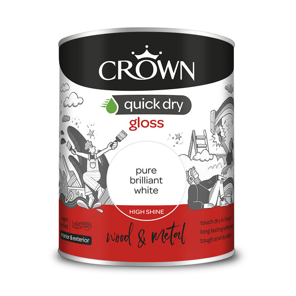 Crown Paint Quick Dry Brilliant White Gloss Paint | 750ml, Interior & Exterior