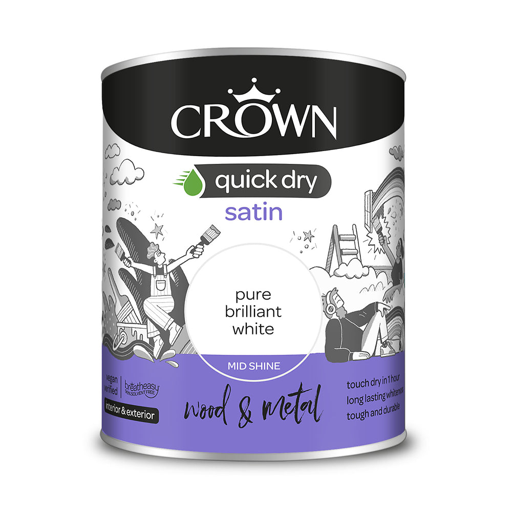 Crown Paint Quick Dry Satin Brilliant White Wood & Metal Paint | 750ml