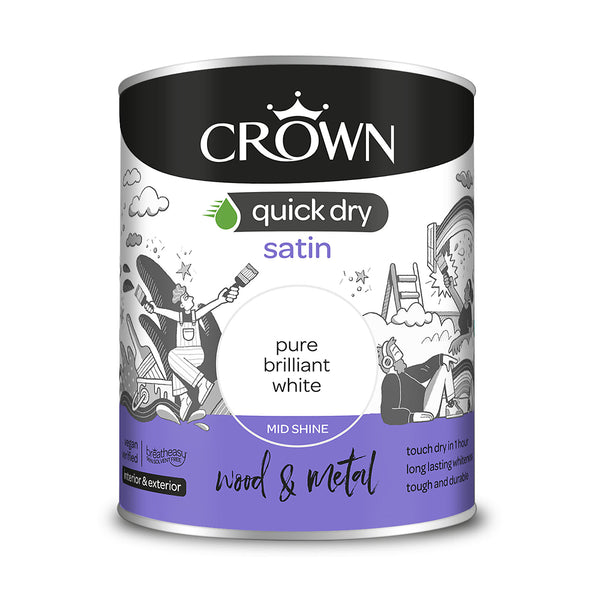 Crown Paint Quick Dry Satin Brilliant White Wood & Metal Paint | 750ml