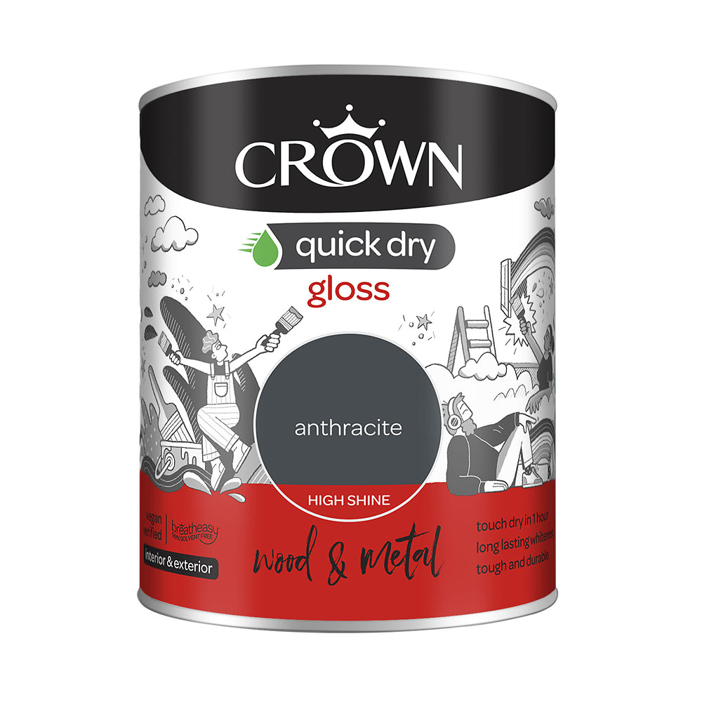 Crown Paint Quick Dry Gloss Anthracite Paint | 750ml, Interior & Exterior