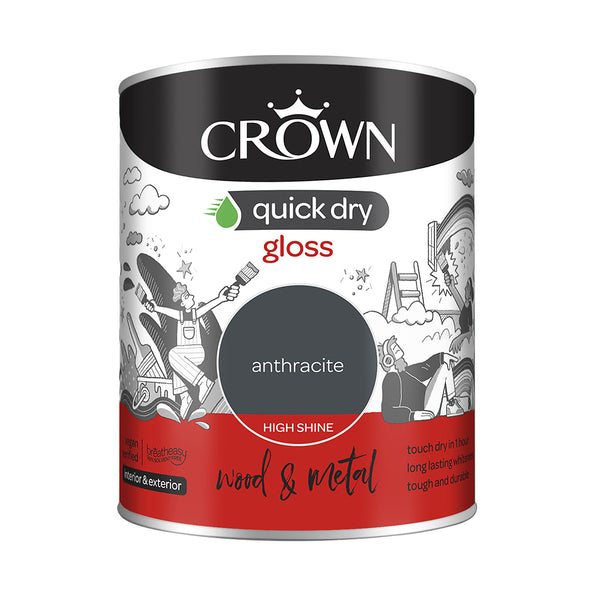 Crown Paint Quick Dry Gloss Anthracite Paint | 750ml, Interior & Exterior