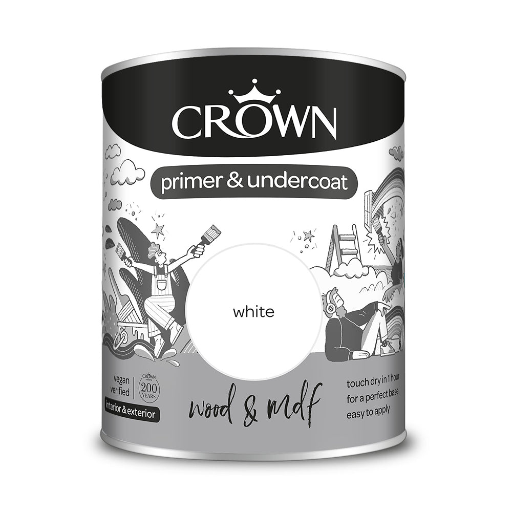 Crown Paint Quick Dry Wood & MDF Primer and Undercoat | White, 750ml