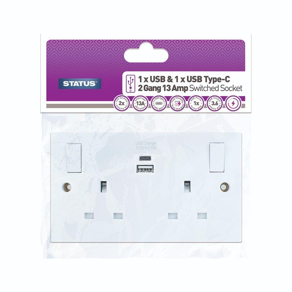 Status 2 Gang 13A Wall Socket with USB Ports | Type-A and Type-C
