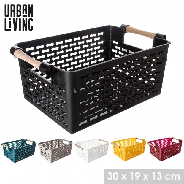 Urban Living Perforated Plastic Storage Basket with Wood Handles | 30 x 19cm