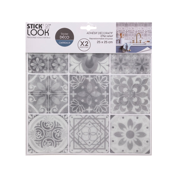 Stick'N Look Mosaic Wall Tile Stickers | Pack of 2, 25 x 25cm, Grey/White