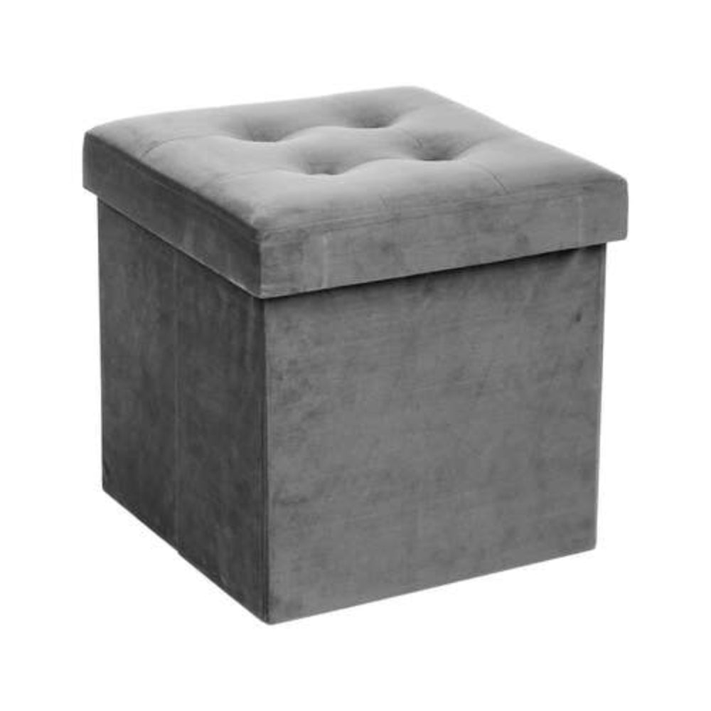 Atmosphera Velour Storage Cube Seat Ottoman | Grey, Tufted Lid