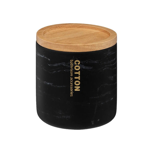 5FIVE Black Marble-Effect Cotton Holder | Wood-Look Lid, Gold Lettering