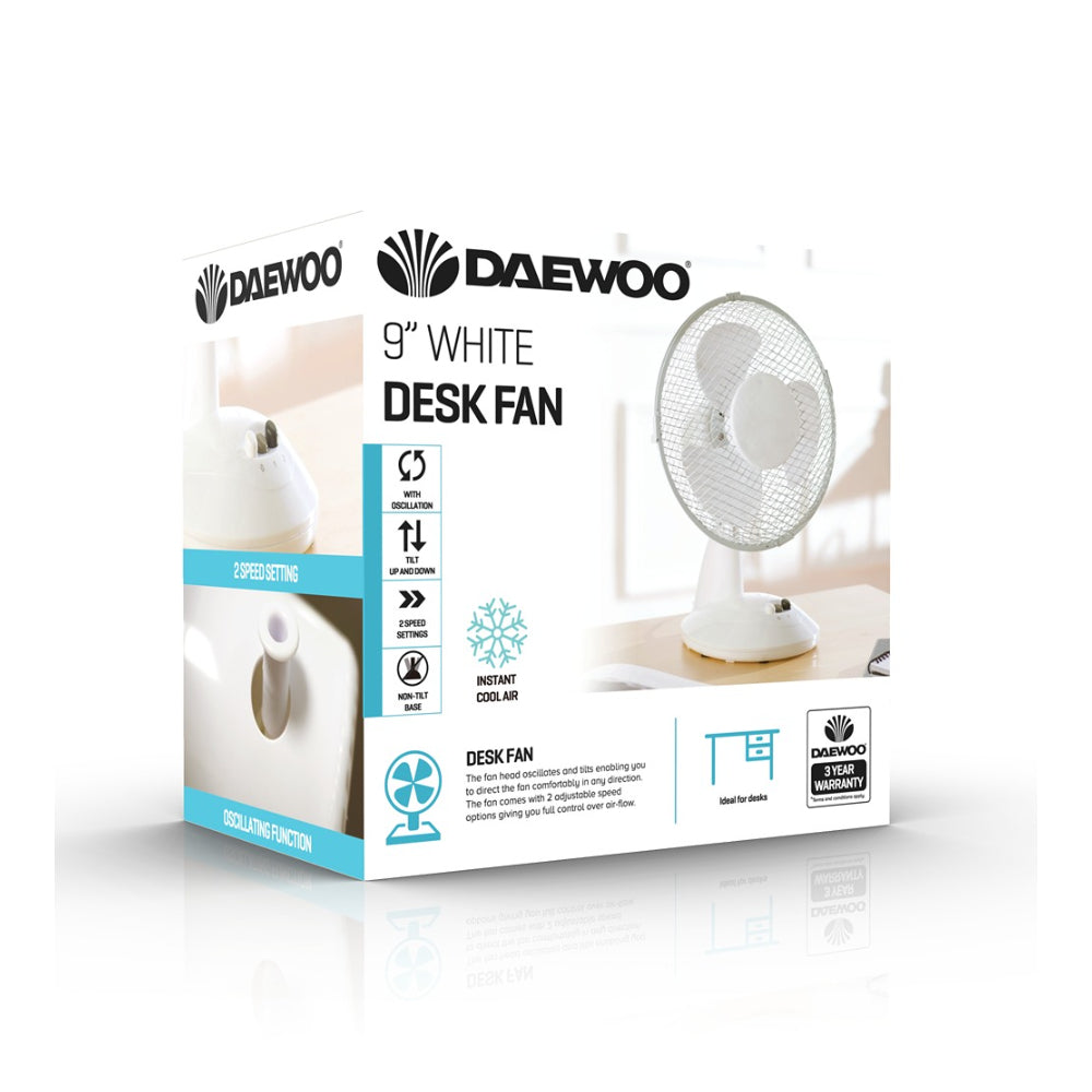 Daewoo White Desk Fan | 9in, Oscillating, 2 Speed Settings