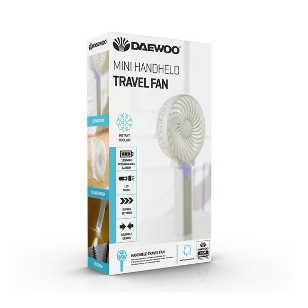 Daewoo Mini Handheld Travel Fan | USB Rechargeable, 3 Speed, 1200mAh