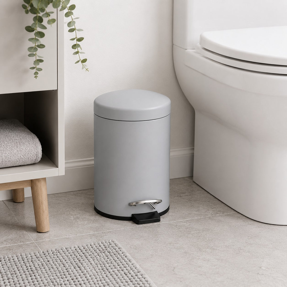 Grey Dome Lid Pedal Bathroom Bin | 3 Litre, Compact Cylindrical Design