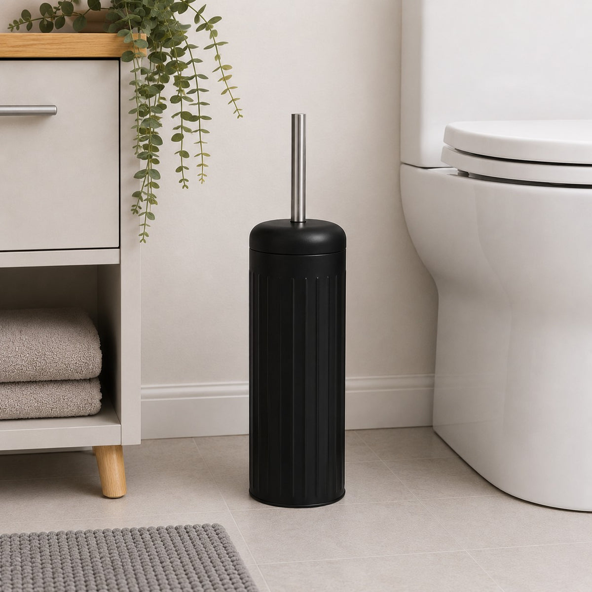 Dome Toilet Brush Holder | Black, Covered, Ribbed Freestanding Design