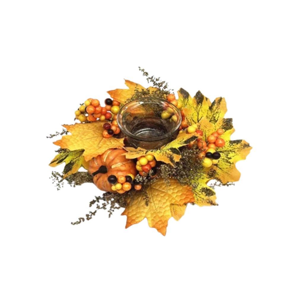 Autumn Leaves Wreath Candle Holder | 17cm Diameter, Glass Tealight Cup