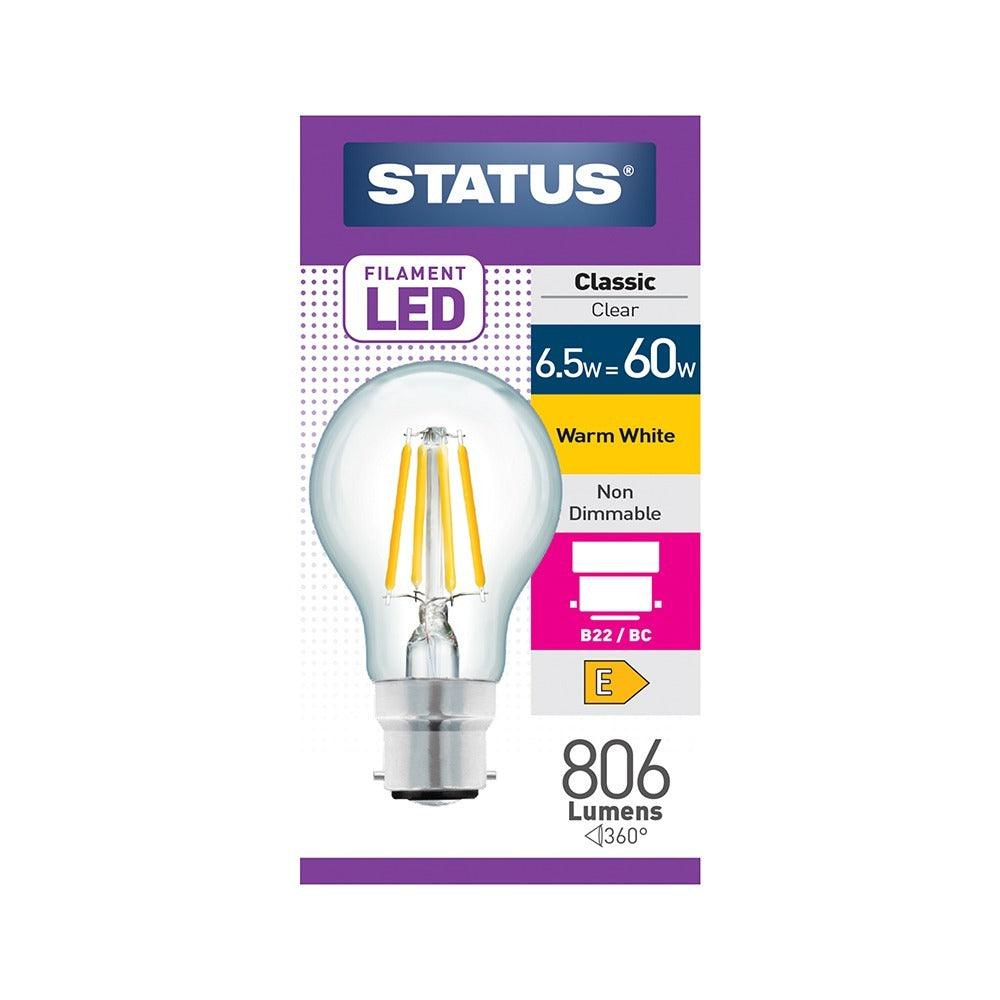 Status Energy-Efficient LED Bulb | 6.5W, 806 Lumens, Warm White, B22/BC Base, Non-Dimmable