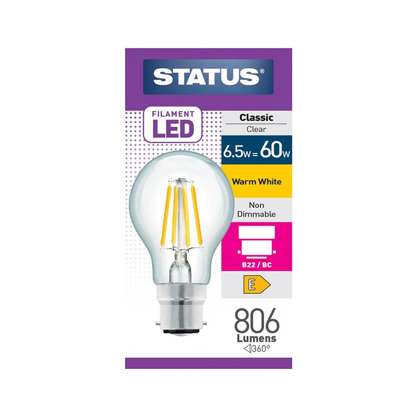 Status Energy-Efficient LED Bulb | 6.5W, 806 Lumens, Warm White, B22/BC Base, Non-Dimmable